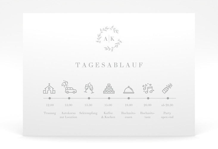 Tagesablauf Poster Hochzeit Filigrana 70 x 50 cm Poster grau in reduziertem Design mit Initialen und zartem Blätterkranz