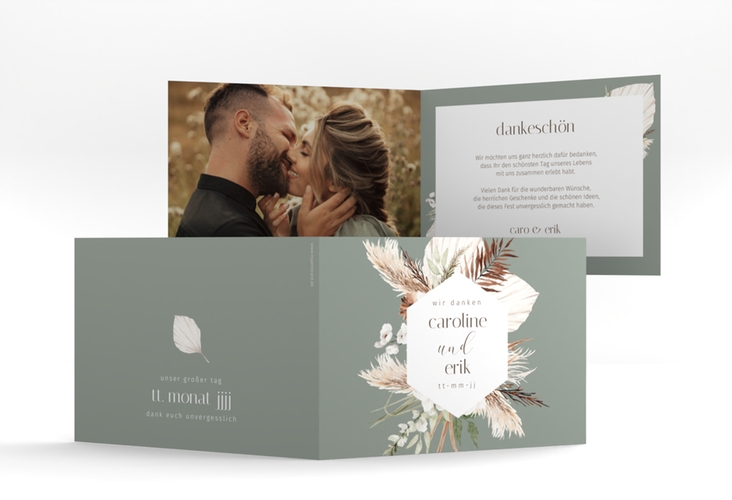 Danksagungskarte Hochzeit Bohemian A6 Klappkarte quer gruen mit Pampasgras