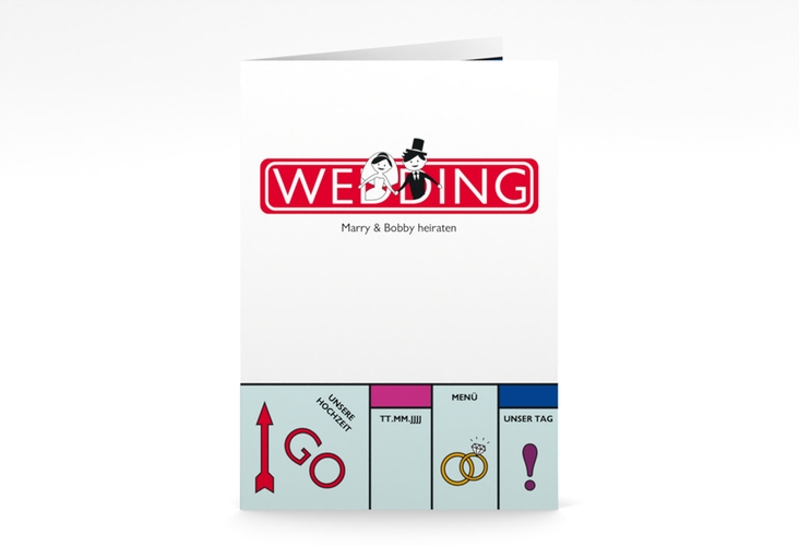 Menükarte Hochzeit Brettspiel A5 Klappkarte hoch bunt