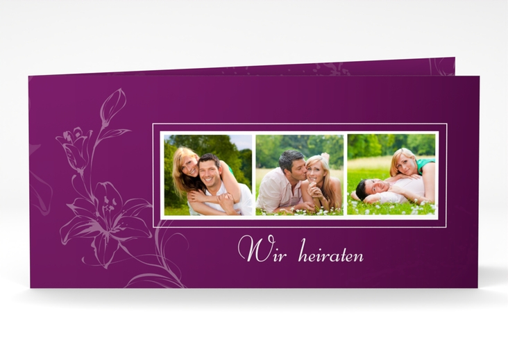 Hochzeitseinladung Lille lange Klappkarte quer pink hochglanz