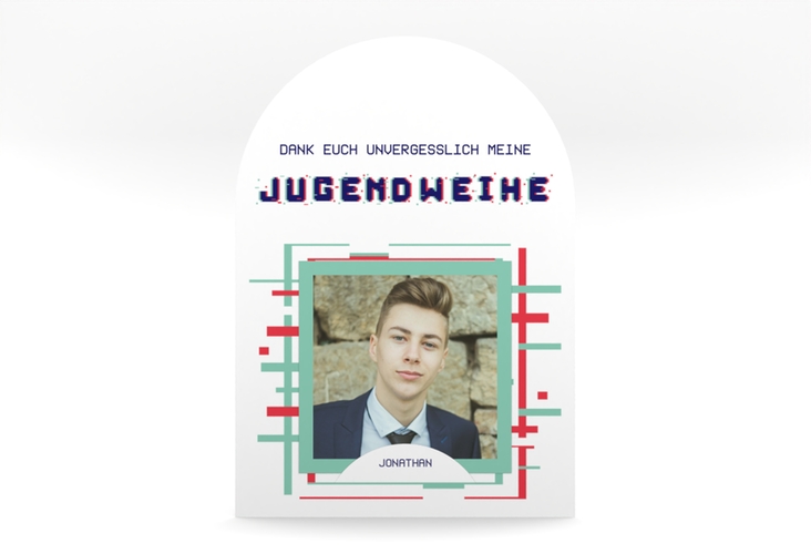 Danksagung Jugendweihe Glitch mittlere Bogen-Karte + Foto weiss