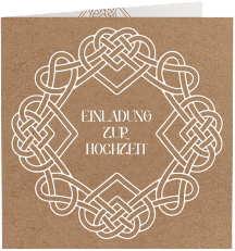 Klick: Details zu Hochzeitseinladung "Herzknoten" anzeigen Hochzeitseinladung Herzknoten quadr. Klappkarte kraftpapier mit Goldrahmen und roten Herzen