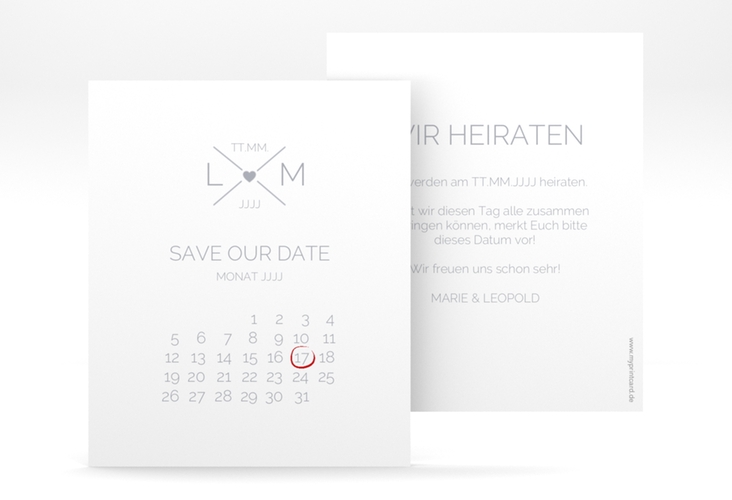Save the Date-Kalenderblatt Initials Kalenderblatt-Karte grau mit Initialen im minimalistischen Design