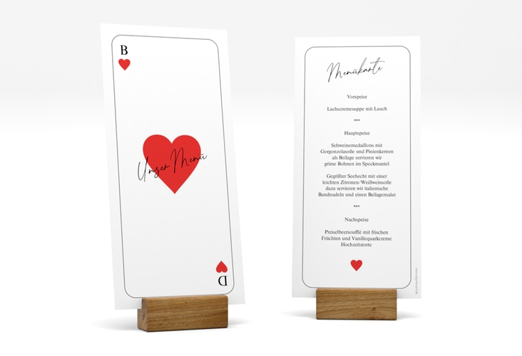 Menükarte Hochzeit Kartenspiel lange Karte hoch im Herz-Ass-Design eines Kartenspiels