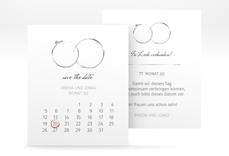 Save the Date-Kalenderblatt Trauringe Kalenderblatt-Karte grau hochglanz minimalistisch gestaltet mit zwei Eheringen