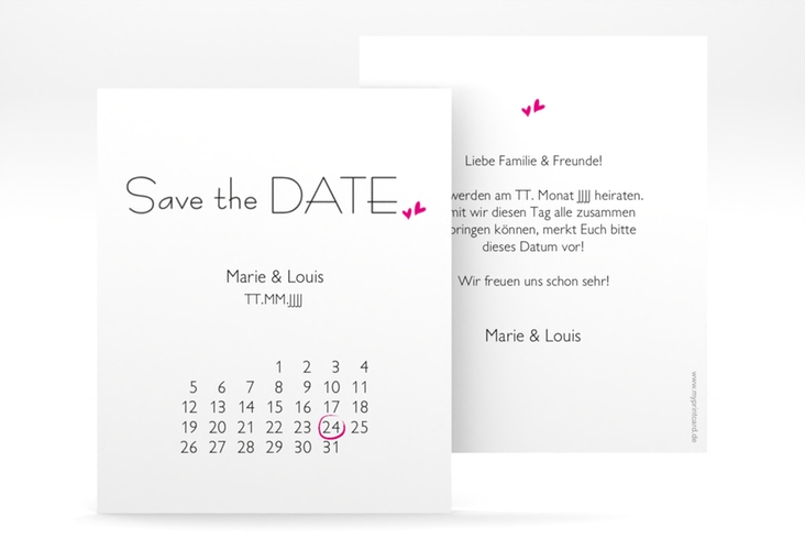 Save the Date-Kalenderblatt Twohearts Kalenderblatt-Karte pink hochglanz