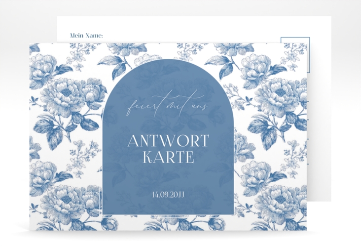 Antwortkarte Hochzeit Blue Floral A6 Postkarte blau mit blauem Blumenmuster auf weißem Grund