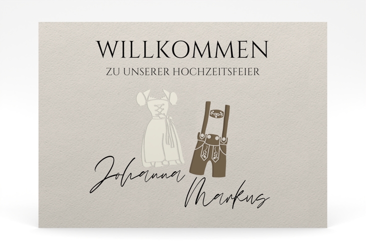Willkommensschild Poster Trachtenhochzeit 70 x 50 cm Poster beige mit Dirndl und Lederhose
