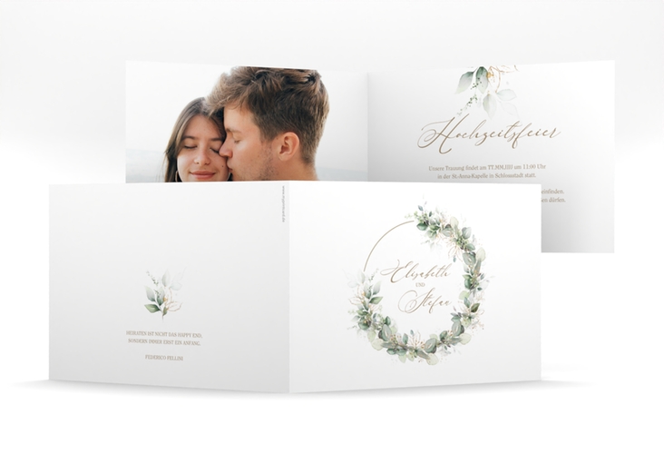 Hochzeitseinladung Selvatica mittlere Klappkarte quer weiss mit Eukalyptus-Kranz