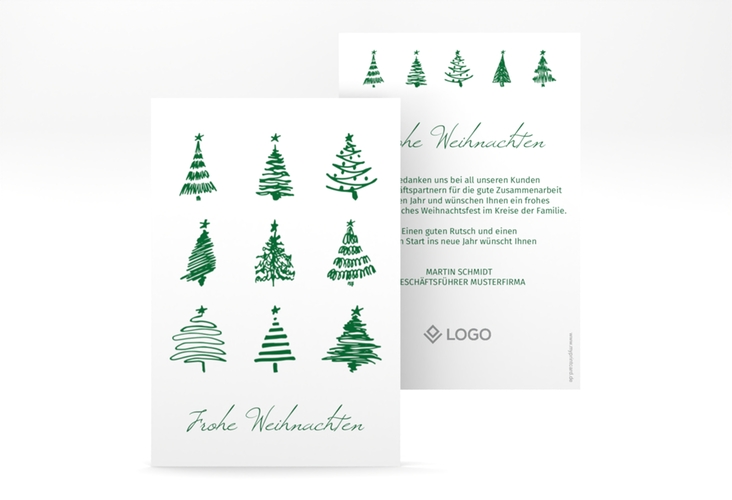 Business-Weihnachtskarte "Weihnachtshain" DIN A6 hoch mit gezeichneten Christbäumen