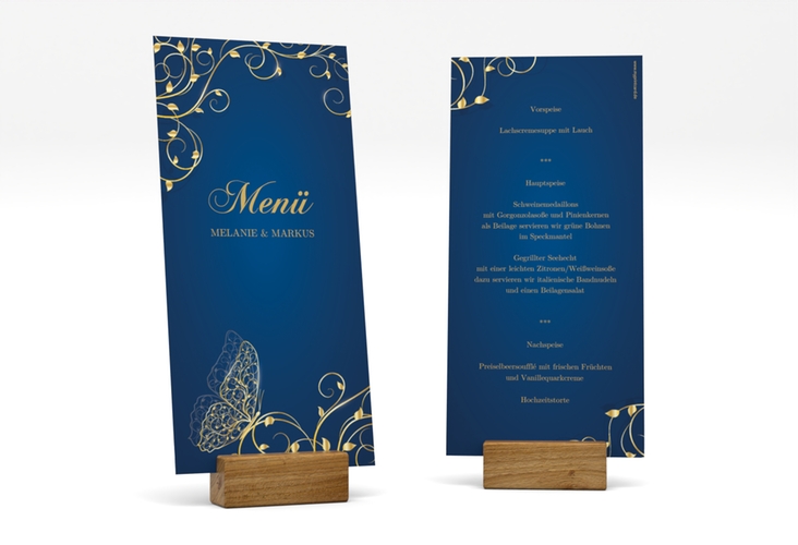Menükarte Hochzeit Eternity lange Karte hoch blau hochglanz
