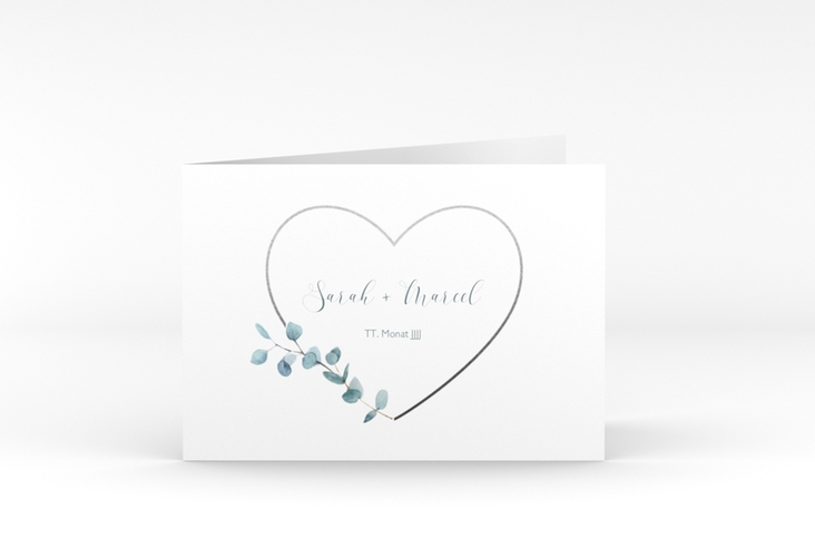 Danksagungskarte Hochzeit Greenheart A6 Klappkarte quer grau mit elegantem Herz und Eukalyptus-Zweig
