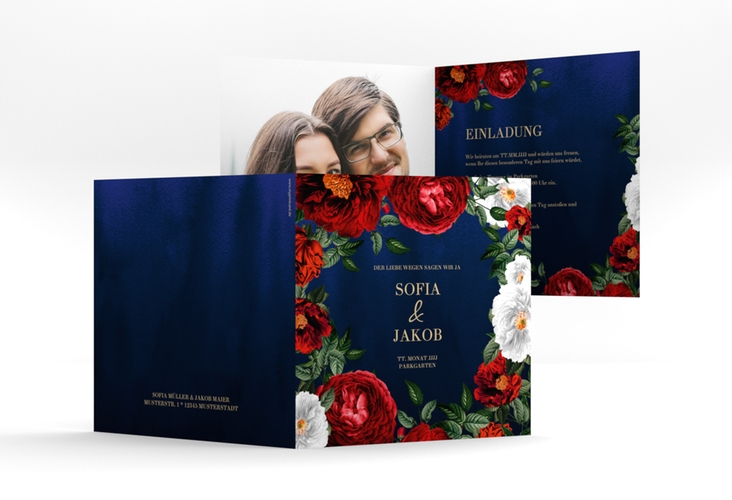 Einladungskarte Hochzeit "Florista" quadratische Klappkarte blau