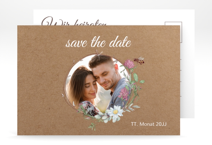 Save the Date-Postkarte Honey A6 Postkarte Kraftpapier mit Wiesenblumen und Biene