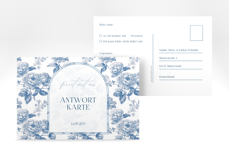 Antwortkarte Hochzeit Blue Floral A6 Postkarte weiss mit blauem Blumenmuster auf weißem Grund