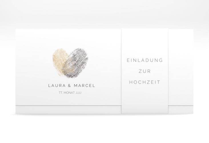 Hochzeitseinladung Fingerprint Wickelfalzkarte + Banderole beige hochglanz schlicht mit Fingerabdruck-Motiv