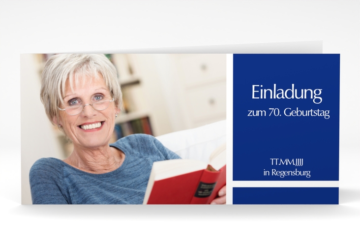 Einladung 70. Geburtstag Gerd/Gerda lange Klappkarte quer blau hochglanz mit Foto