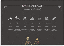 Klick: Details zu Tagesablauf Leinwand Hochzeit "Bones" anzeigen Tagesablauf Leinwand Hochzeit Bones 70 x 50 cm Leinwand schwarz mit Skelett-Ehepaar im Cartoon-Stil