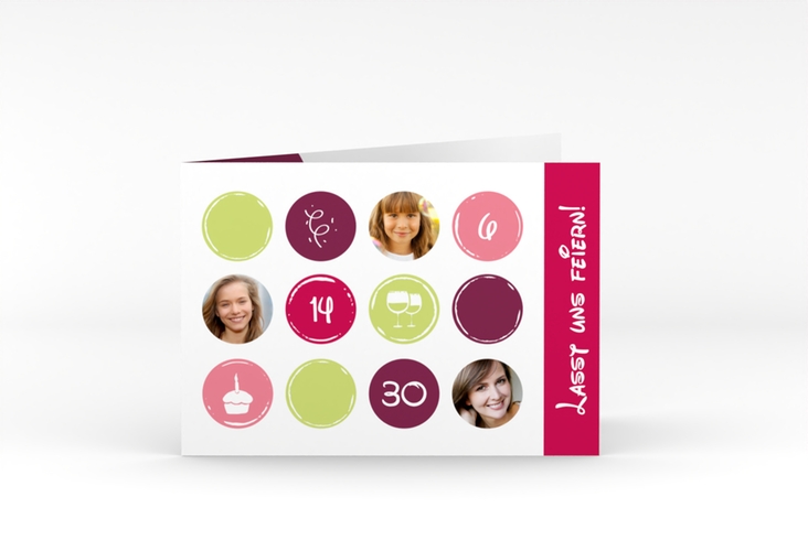 Einladung 30. Geburtstag Circles A6 Klappkarte quer pink