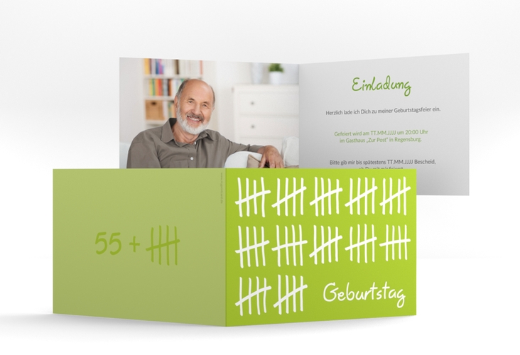 Einladung 60. Geburtstag Strichliste A6 Klappkarte quer gruen