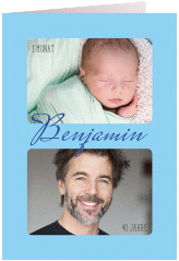 Einladung 40. Geburtstag Zeitlos A6 Klappkarte hoch blau mit Damals- und Heute-Fotos