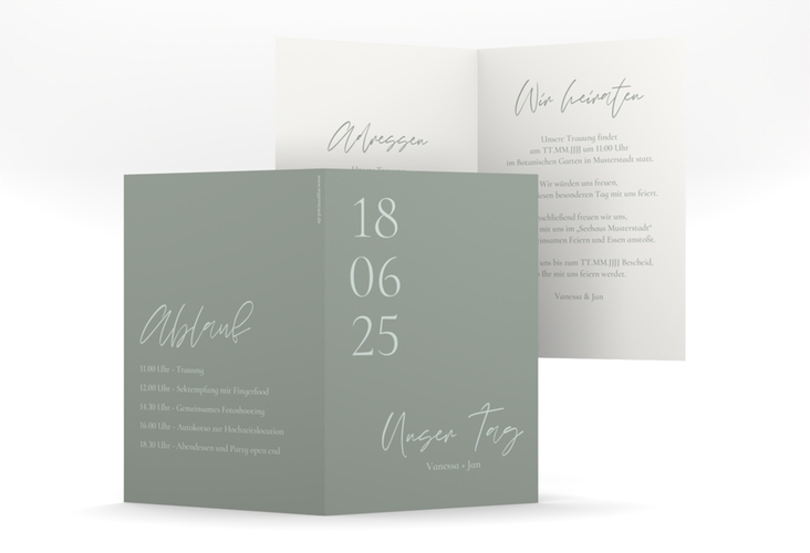 Einladungskarte Hochzeit Day A6 Klappkarte hoch gruen hochglanz mit Datum im minimalistischen Design
