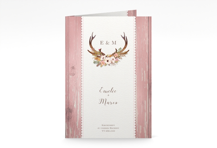 Kirchenheft Hochzeit Heimatjuwel A5 Klappkarte hoch rosa hochglanz mit Hirschgeweih und Holz-Hintergrund