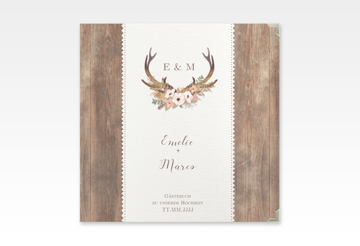 Gästebuch Selection Hochzeit Heimatjuwel Leinen-Hardcover braun mit Hirschgeweih und Holz-Hintergrund