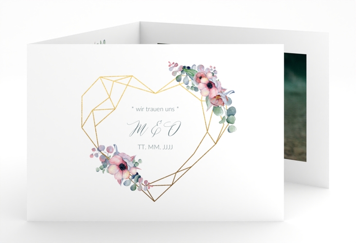 Hochzeitseinladung Herzgold A6 Doppel-Klappkarte weiss hochglanz