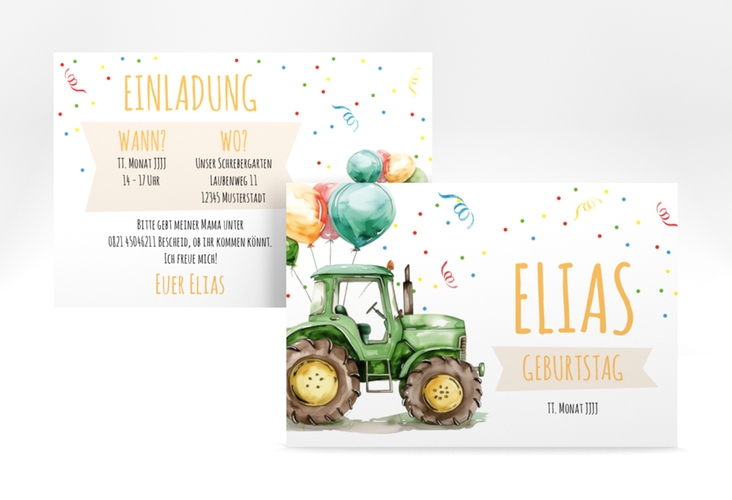 Einladungskarte Kindergeburtstag Traktor A6 Karte quer bunt