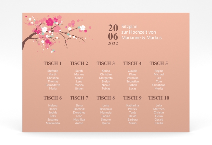 Sitzplan Poster Hochzeit Sakura 70 x 50 cm Poster apricot