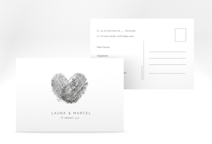 Antwortkarte Hochzeit Fingerprint A6 Postkarte schwarz hochglanz schlicht mit Fingerabdruck-Motiv