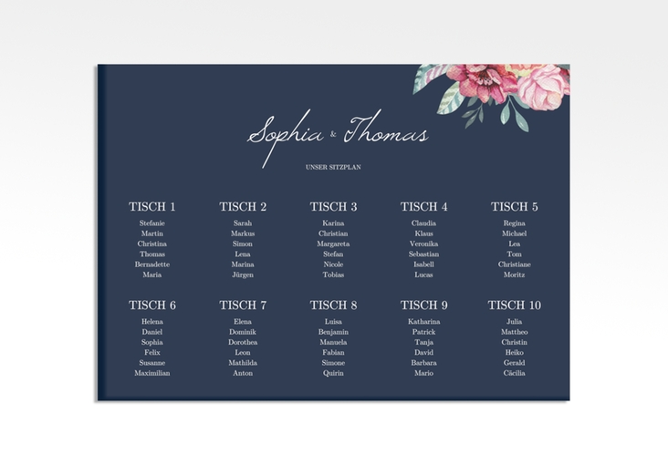Sitzplan Leinwand Hochzeit Blooming 70 x 50 cm Leinwand blau
