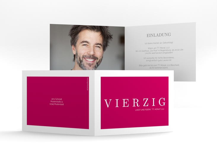 Einladung 40. Geburtstag Schlicht A6 Klappkarte quer pink