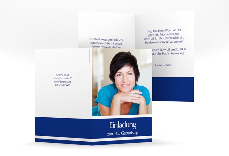 Einladung Geburtstag Gerd/Gerda A6 Klappkarte hoch blau hochglanz mit Foto