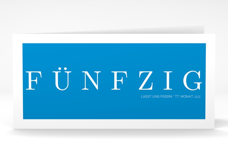 Einladung 50. Geburtstag Schlicht lange Klappkarte quer blau hochglanz