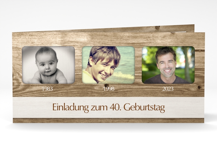 Einladung 40. Geburtstag Michael/Michaela lange Klappkarte quer im rustikalen Holz-Design mit Foto
