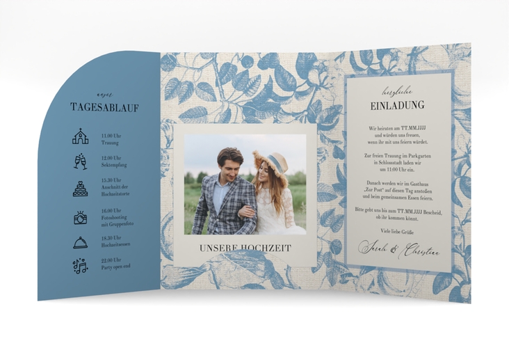 Hochzeitseinladung Toile mittlere Bogen-Wickelfalzkarte mit Blättermuster im Toile-de-Jouy-Stil