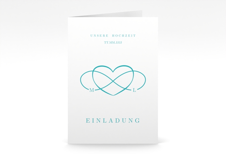 Einladungskarte Hochzeit Infinity A6 Klappkarte hoch tuerkis