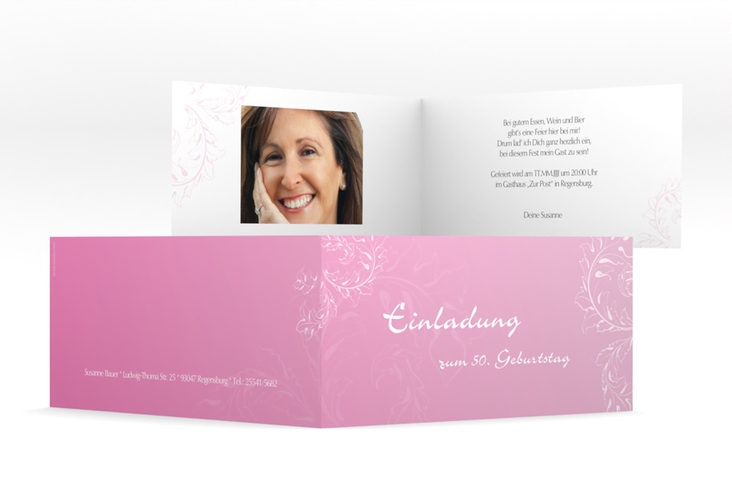 Einladung 50. Geburtstag Peter/Petra lange Klappkarte quer rosa hochglanz