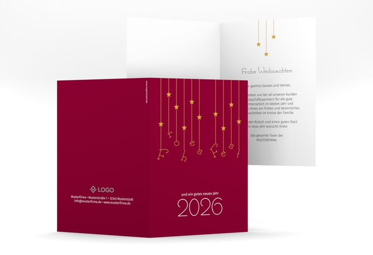 Geschäftliche Weihnachtskarte Windspiel A6 Klappkarte hoch rot hochglanz schlicht mit Sternchen-Girlande und Jahreszahl