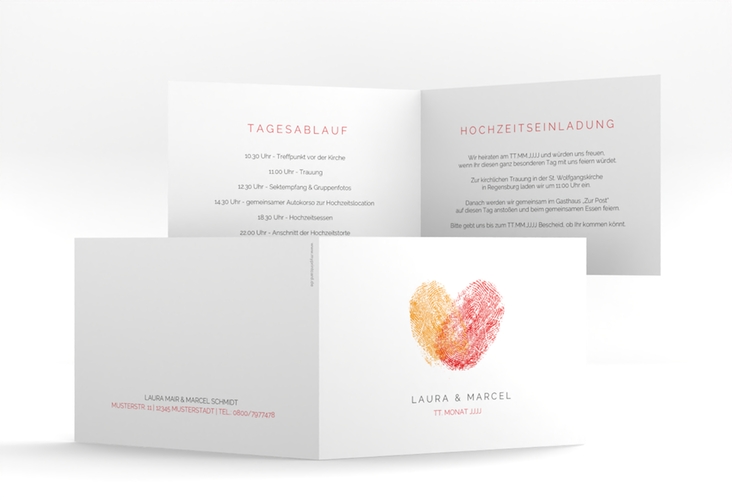Hochzeitseinladung Fingerprint A6 Klappkarte quer rot hochglanz schlicht mit Fingerabdruck-Motiv