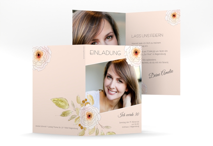 Einladung 30. Geburtstag Fleur A6 Klappkarte hoch apricot hochglanz