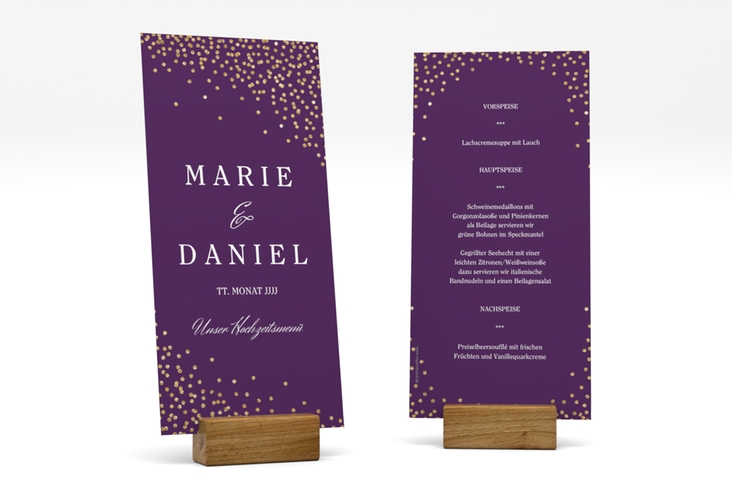 Menükarte Hochzeit Glitter lange Karte hoch lila
