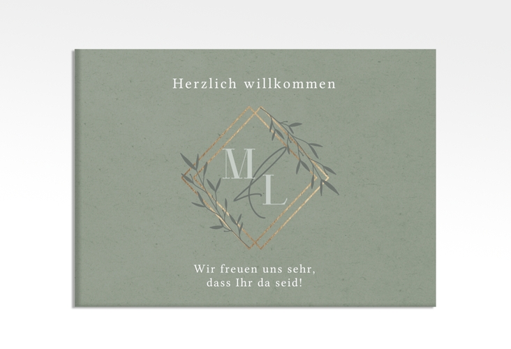 Willkommensschild Leinwand Greenletter 70 x 50 cm Leinwand gruen mit Initialen in elegantem Goldrahmen mit Blättern