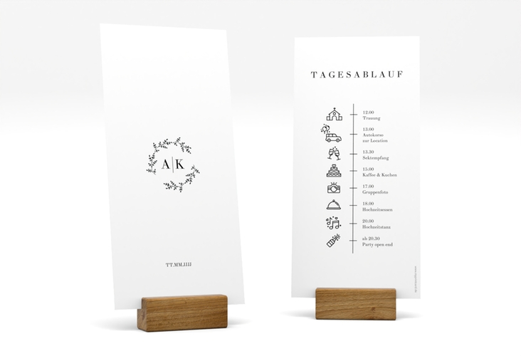 Tagesablauf Hochzeit Filigrana lange Karte hoch in reduziertem Design mit Initialen und zartem Blätterkranz