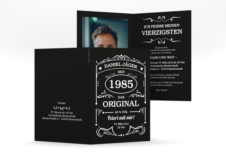 Einladung 40. Geburtstag Guter Jahrgang A6 Klappkarte hoch wie Whisky-Flaschenetikett