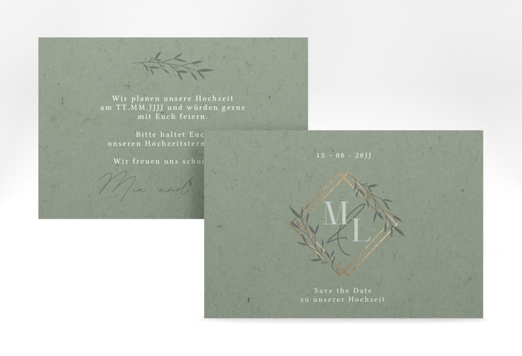 Save the Date-Karte Greenletter A6 Karte quer mit Initialen in elegantem Goldrahmen mit Blättern