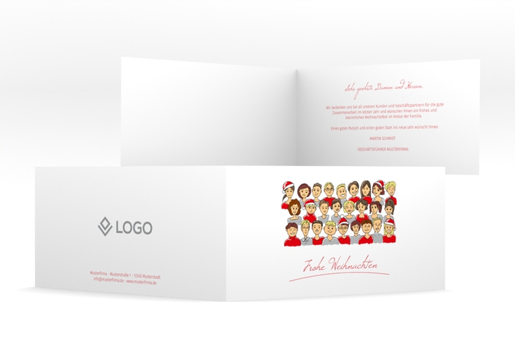 Business-Weihnachtskarte Team lange Klappkarte quer rot hochglanz und weiß mit gezeichnetem Mitarbeiter-Team