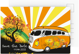 Save the Date-Postkarte Geburtstag Heiko/Heike A6 Postkarte rot im Retro-Design mit Hippie-Bus